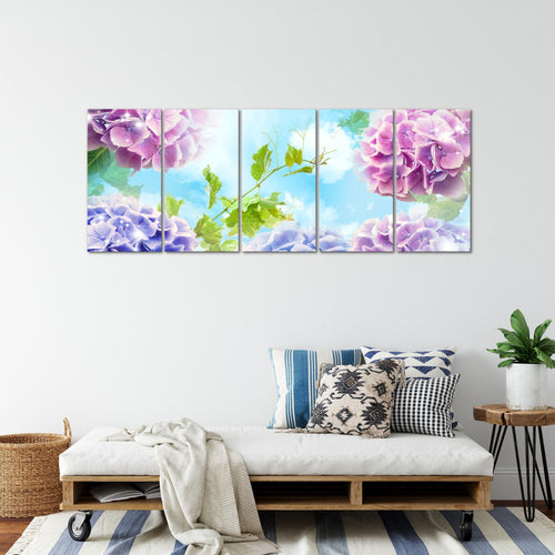 Runa Art Wandbild XXL Blumen Hortensien Wohnzimmer Schlafzimmer 200 x 80 cm Bunt 5 Teilig - Made in Germany - 017555c