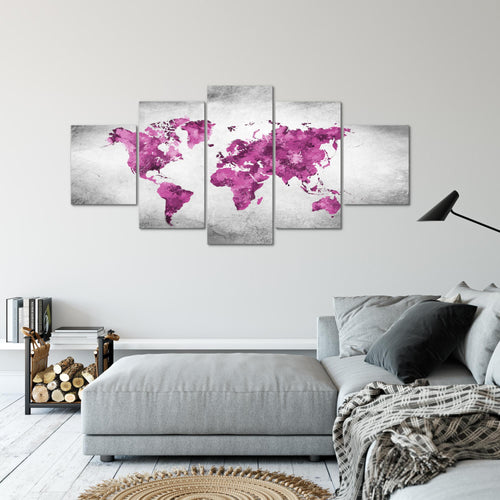 Runa Art - Bilder Weltkarte 200 x 100 cm 5 Teilig XXL Wanddekoration Design Rosa Grau 013351c