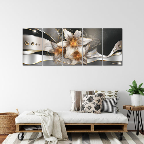 Runa Art Wandbild XXL Blumen Lilien Wohnzimmer Schlafzimmer 200 x 80 cm Gelb Gold 5 Teilig - Made in Germany - 039655a