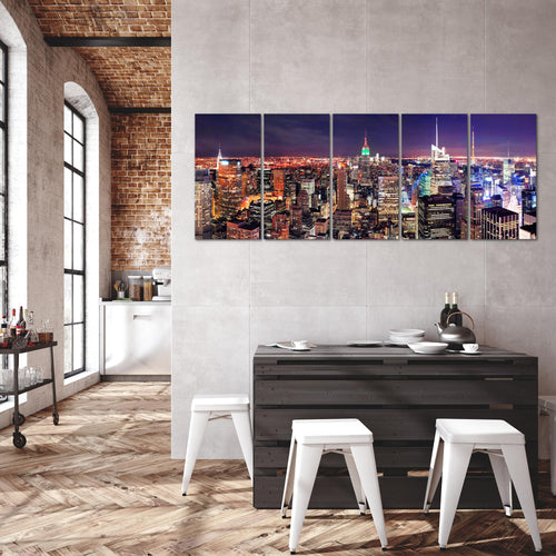 Runa Art Wandbild XXL New York Skyline Wohnzimmer Büro 200 x 80 cm Violett Lila 5 Teilig - Made in Germany - 036255a