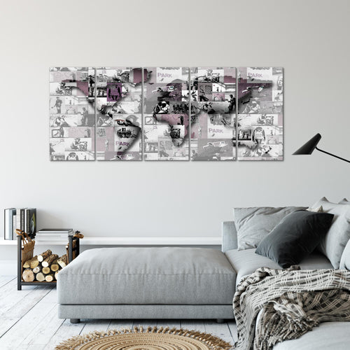 Runa Art Wandbild XXL Weltkarte Banksy Collage Loft Wohnzimmer 200 x 80 cm Rosa 5 Teilig - Made in Germany - 104555b