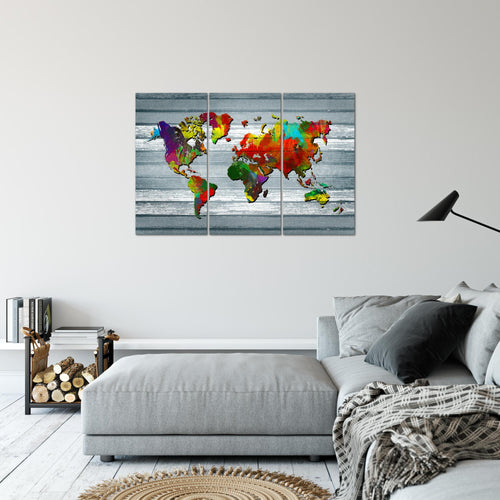 Runa Art Wandbilder Weltkarte Bild XXL Büro Wohnzimmer Bunt Kontinente Holz 120 x 80 cm 3 Teilig 105431c
