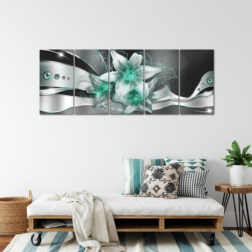 Runa Art Wandbild XXL Blumen Lilien Wohnzimmer Schlafzimmer 200 x 80 cm Schwarz Türkis 5 Teilig - Made in Germany - 039655b