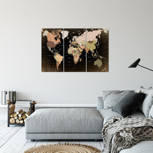 Runa Art Wandbilder Weltkarte Bild XXL Büro Wohnzimmer Schwarz Braun Kontinente 120 x 80 cm 3 Teilig 023331a