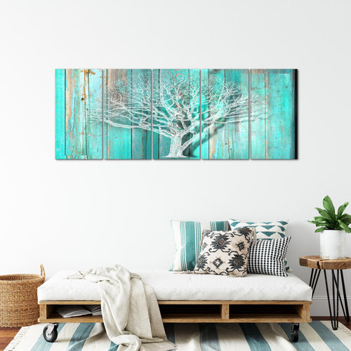 Runa Art Wandbild XXL Baum Abstrakt Wohnzimmer 200 x 80 cm Türkis Grau 5 Teilig - Made in Germany - 039955c