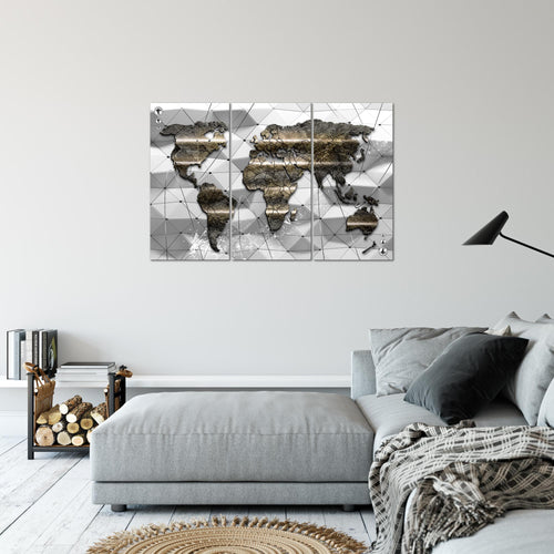 Runa Art Wandbilder Weltkarte Bild XXL Büro Wohnzimmer Grau 3D Effekt 120 x 80 cm 3 Teilig 005231c