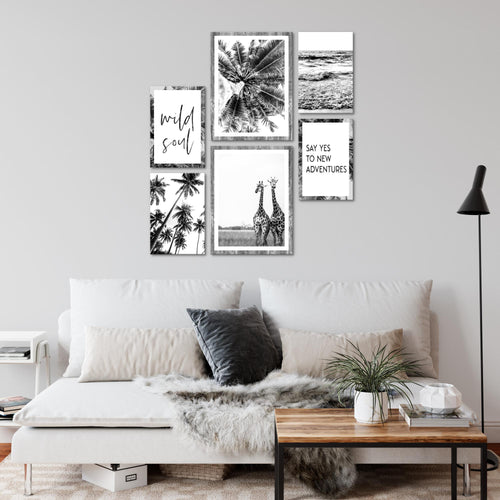 Novart Wandbilder Set Giraffen Palmen Schwarz Weiss - KEIN EXTRA RAHMEN BENÖTIGT -  Modern Deko  - Wohnzimmer Schlafzimmer N014363a