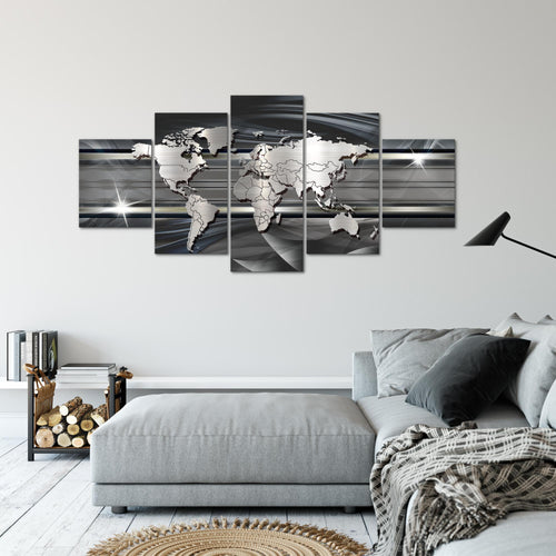 Runa Art - Bilder Weltkarte 200 x 100 cm 5 Teilig XXL Wanddekoration Design Schwarz Weiss 107951a