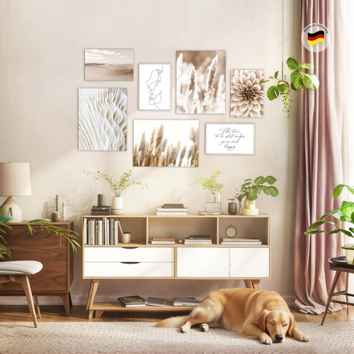 Novart Wandbilder Boho Pampasgras - KOMPLETT AUFHÄNGFERTIG - Beige Wohnzimmer Schlafzimmer - 7 Moderne Mood-Bilder - N013371a
