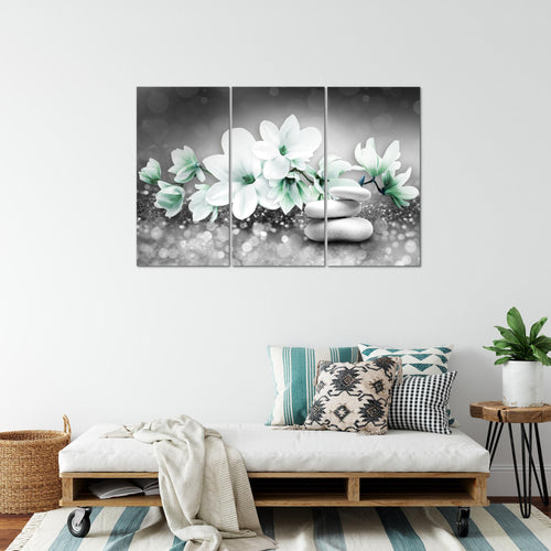 Runa Art Wandbilder Blumen Magnolien Bild XXL Wohnzimmer Schlafzimmer Grau Türkis Abstrakt 120 x 80 cm 3 Teilig 035431b