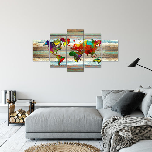 Runa Art Bild Büro Wohnzimmer Weltkarte 5 Teilig Vintage Holz Bunt Wandbilder auf Vlies Leinwand 105453a