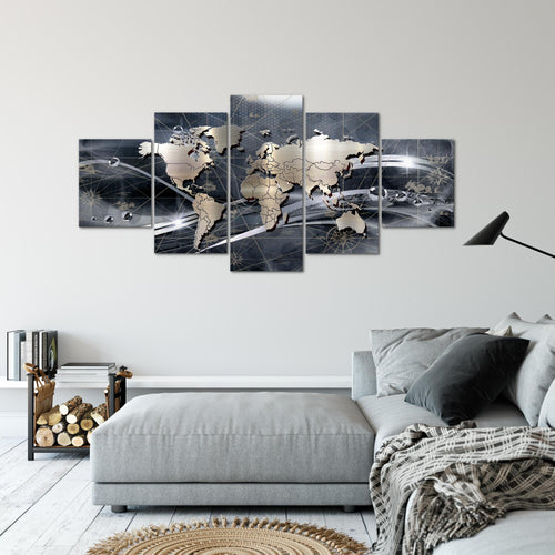 Runa Art - Bilder Weltkarte 200 x 100 cm 5 Teilig XXL Wanddekoration Design Grau 106851c