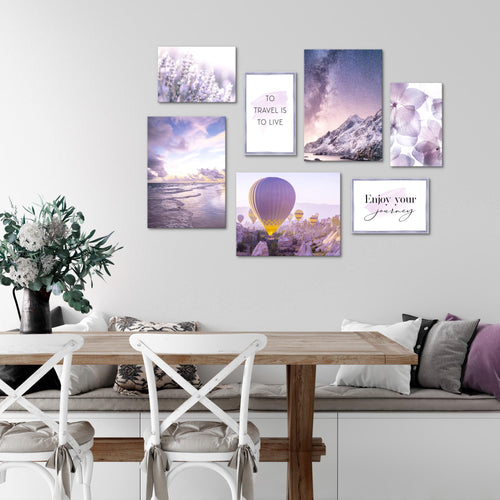 Novart Wandbilder Natur Blumen - KOMPLETT AUFHÄNGFERTIG - Violett Lila Rosa Wohnzimmer Schlafzimmer - 7 Moderne Mood-Bilder - N006471a