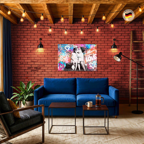 Runa Art Wandbilder the First Kiss Bild XXL Wohnzimmer Schlafzimmer Bunt Streetart Graffiti 120 x 80 cm 3 Teilig 044631a