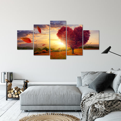 Runa Art - Bilder Herbst Baum Herz 200 x 100 cm 5 Teilig XXL Wanddekoration Design Rot Blau 605851a