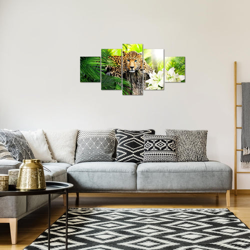 Runa Art Bild Wohnzimmer Schlafzimmer Afrika Leopard 5 Teilig Raubkatze Dschungel Grün Wandbilder auf Vlies Leinwand 006753b