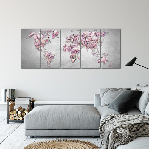 Runa Art Wandbild XXL Weltkarte Blumen Wohnzimmer Schlafzimmer 200 x 80 cm Grau Rosa 5 Teilig - Made in Germany - 023255a