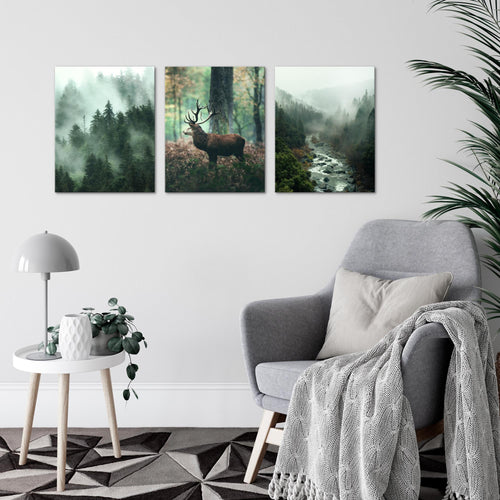 Novart Wandbilder Set Landschaft - KOMPLETT AUFHÄNGFERTIG - Wohnzimmer Schlafzimmer Büro Deko - 3 Moderne Bilder Waldlandschaft - N004635a