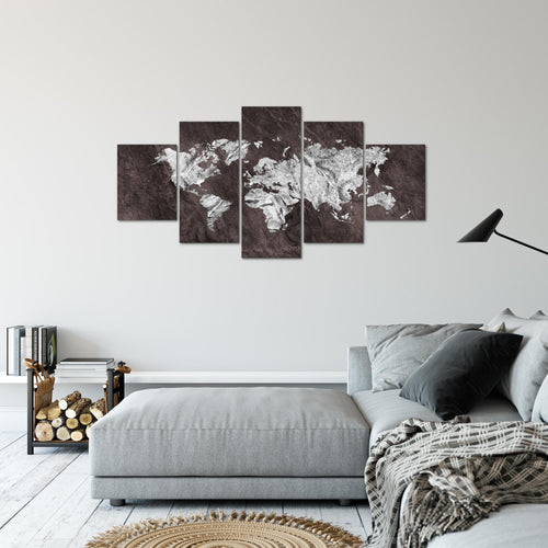Runa Art Bild Büro Wohnzimmer Weltkarte 5 Teilig Landkarte Beton Braun Wandbilder auf Vlies Leinwand 002953b