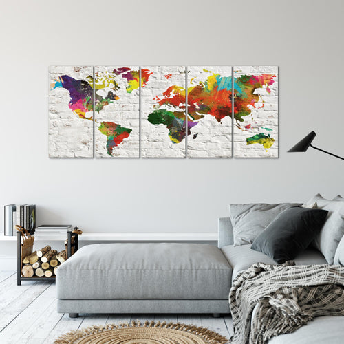 Runa Art Wandbild XXL Weltkarte Büro Wohnzimmer 200 x 80 cm Grau Bunt 5 Teilig - Made in Germany - 106955b