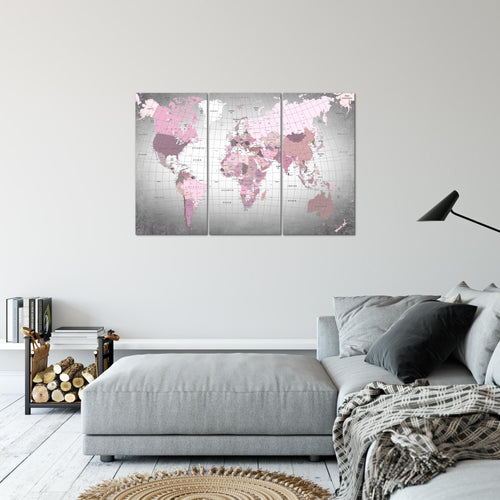 Runa Art Wandbilder Weltkarte Bild XXL Büro Wohnzimmer Rosa Grau Kontinente 120 x 80 cm 3 Teilig 023331c