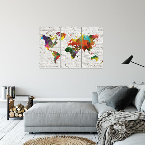 Runa Art Wandbilder Weltkarte Bild XXL Büro Wohnzimmer Grau Bunt Steinwand 120 x 80 cm 3 Teilig 106931b
