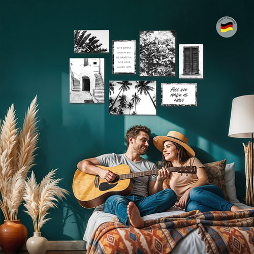 Novart Wandbilder Alte Stadt Palmen - KOMPLETT AUFHÄNGFERTIG - Schwarz Weiss Wohnzimmer Schlafzimmer - 7 Moderne Mood-Bilder - N015071a