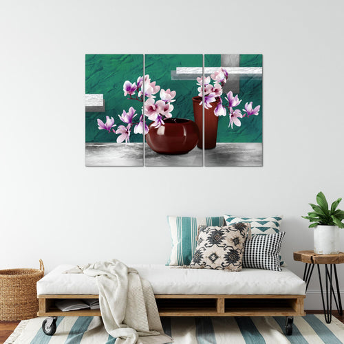Runa Art Wandbilder Blumen Abstrakt Bild XXL Wohnzimmer Schlafzimmer Türkis Grau Blumenvase 120 x 80 cm 3 Teilig 035231b