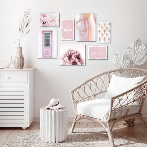 Novart Wandbilder Fashion - KOMPLETT AUFHÄNGFERTIG - Rosa Wohnzimmer Mädchen Teenager - 7 Moderne Mood-Bilder - N020471a