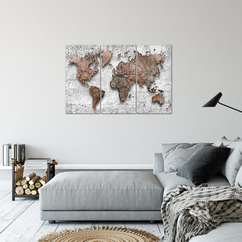 Runa Art Wandbilder Weltkarte 3D Effekt Bild XXL Büro Wohnzimmer Grau Kontinente Beton 120 x 80 cm 3 Teilig 107731b