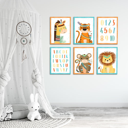 Novart Wandbilder - KEIN EXTRA RAHMEN BENÖTIGT - Kinderzimmer Mädchen Junge - Bilder Modern Tiere - Indianer - N000265b
