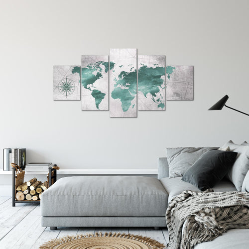 Runa Art Bild Büro Wohnzimmer Weltkarte 5 Teilig Vintage Grün Grau Wandbilder auf Vlies Leinwand 026053c