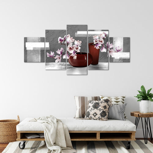 Runa Art - Bilder Blumen Abstrakt 200 x 100 cm 5 Teilig XXL Wanddekoration Design Grau Rosa 035251c