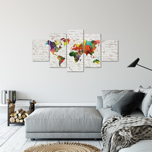 Runa Art Bild Büro Wohnzimmer Weltkarte 5 Teilig Steinwand Grau Bunt Wandbilder auf Vlies Leinwand 106953b