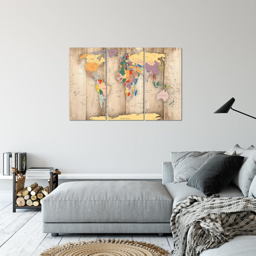 Runa Art Wandbilder Weltkarte Holz Bild XXL Büro Wohnzimmer Biege Kontinente 120 x 80 cm 3 Teilig 108731a