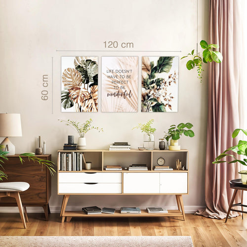 Novart Bilder Set Blumen Pflanzen - KEIN EXTRA RAHMEN BENÖTIGT - Wandbilder für Wohnzimmer Schlafzimmer Büro - 3 Teilig Deko Blätter - N043436a