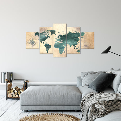 Runa Art Bild Büro Wohnzimmer Weltkarte 5 Teilig Antik Grün braun Wandbilder auf Vlies Leinwand 026053a