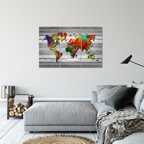 Runa Art Wandbilder Weltkarte Bild XXL Büro Wohnzimmer Bunt Kontinente Holz 120 x 80 cm 3 Teilig 105431b