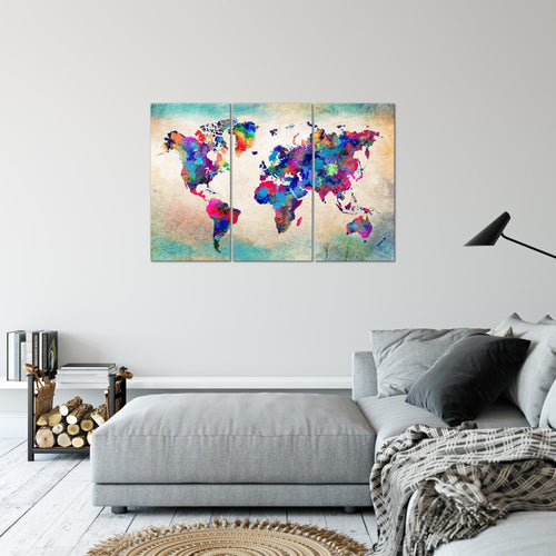 Runa Art Wandbilder Weltkarte Bild XXL Büro Wohnzimmer Bunt Vintage Kontinente 120 x 80 cm 3 Teilig 013331a