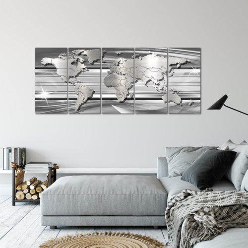 Runa Art Wandbild XXL Weltkarte Büro Wohnzimmer 200 x 80 cm Grau 5 Teilig - Made in Germany - 107955b