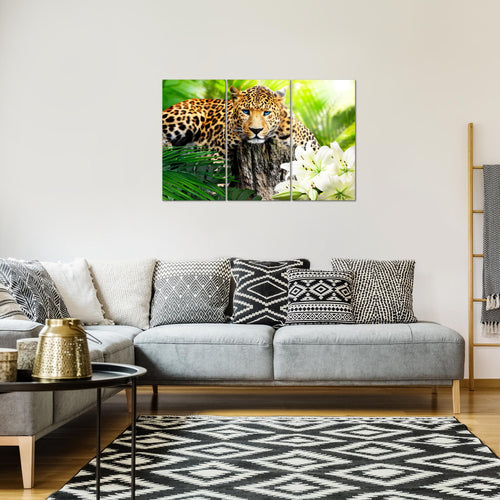 Runa Art Wandbilder Afrika Leopard Bild XXL Wohnzimmer Schlafzimmer Grün Raubkatze Dschungel 120 x 80 cm 3 Teilig 006731b