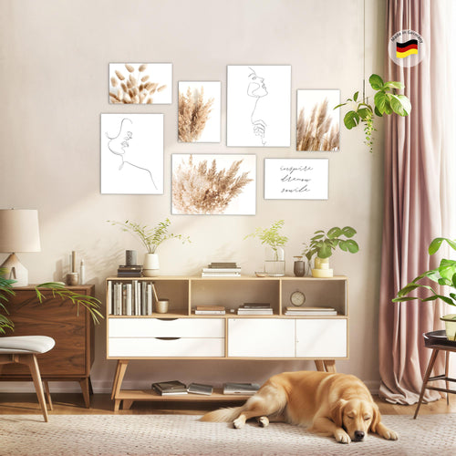 Novart Wandbilder Boho Pampasgras - KOMPLETT AUFHÄNGFERTIG - Line Art Wohnzimmer Schlafzimmer - 7 Moderne Mood-Bilder - N012471a