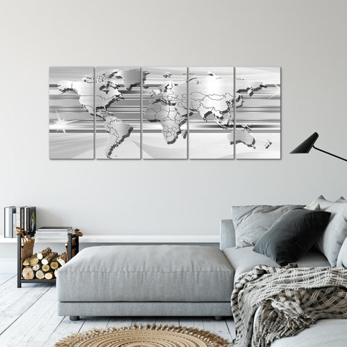 Runa Art Wandbild XXL Weltkarte Büro Wohnzimmer 200 x 80 cm Grau 5 Teilig - Made in Germany - 107955c