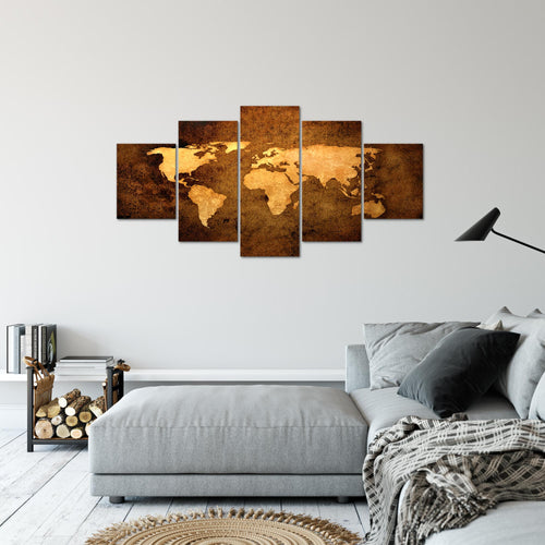Runa Art Bild Büro Wohnzimmer Weltkarte 5 Teilig Vintage Antik Gold Wandbilder auf Vlies Leinwand 101753a