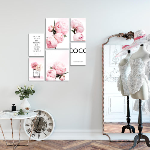 Novart Wandbilder Set Blumen Pfingstrosen Coco - KEIN EXTRA RAHMEN BENÖTIGT -  Modern Deko  - Wohnzimmer Mädchen Teenager N009463a