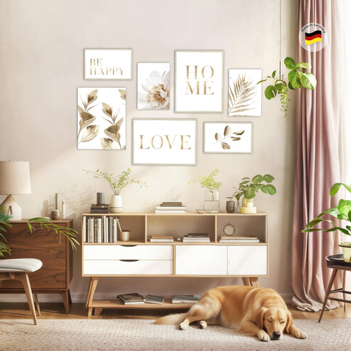 Novart Wandbilder Boho Gold Blätter - KOMPLETT AUFHÄNGFERTIG - Home Wohnzimmer Schlafzimmer - 7 Moderne Mood-Bilder - N021571a