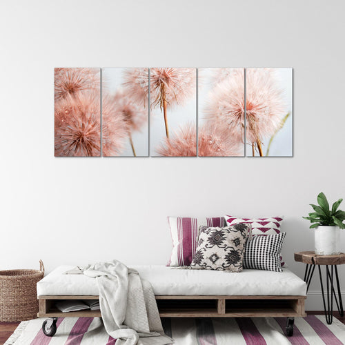Runa Art Wandbild XXL Blumen Pusteblumen Wohnzimmer Schlafzimmer 200 x 80 cm Grau Rosa 5 Teilig - Made in Germany - 042055a