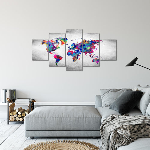 Runa Art Bild Büro Wohnzimmer Weltkarte 5 Teilig Vintage Kontinente Bunt Wandbilder auf Vlies Leinwand 013353b
