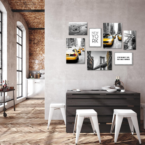 Novart Wandbilder New York City Taxi - KOMPLETT AUFHÄNGFERTIG - Gelb Grau Wohnzimmer Schlafzimmer - 7 Moderne Mood-Bilder - N006371a