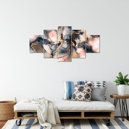 Runa Art Bild Wohnzimmer Schlafzimmer Abstrakt 5 Teilig Pastel blau rosa Gold Wandbilder auf Vlies Leinwand 043853a